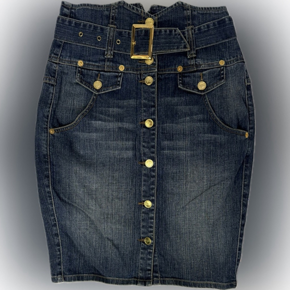 Y2K Ultra High Rise Denim Button Front Pencil Skirt Belted Gold Hardware Size 9 - Picture 1 of 7